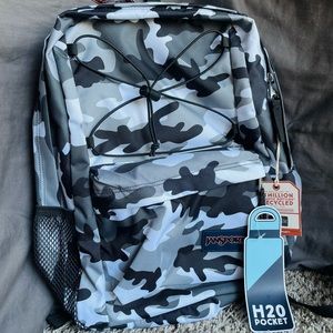 Jansport backpack, black/gray camouflage.